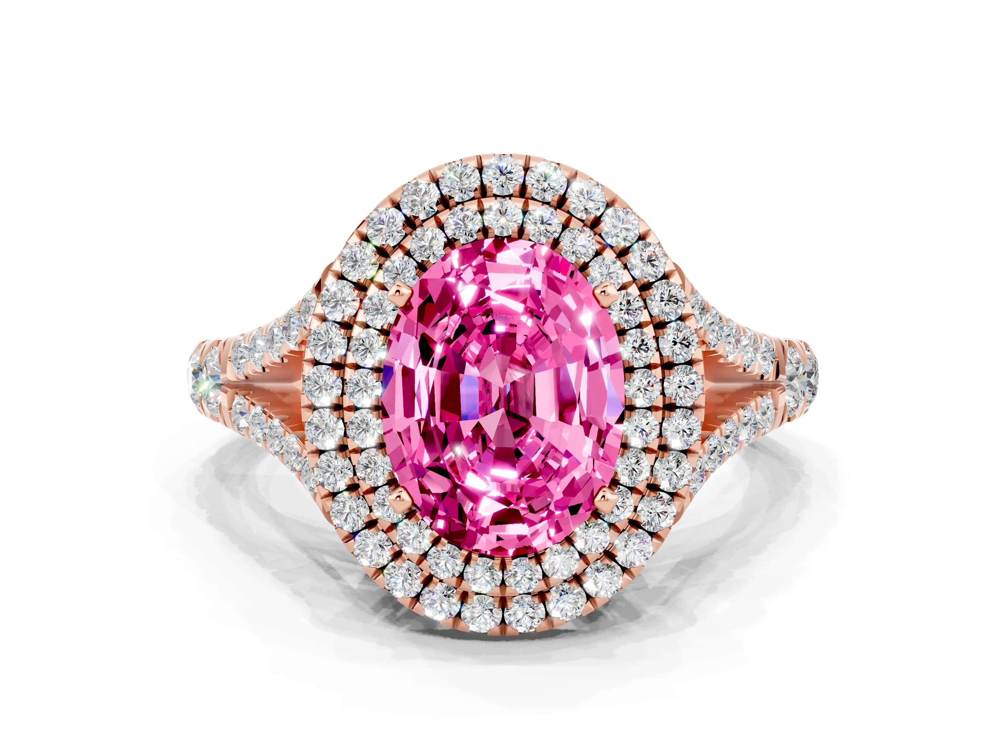 Rose gold Oval Cut Pink Sapphire Double Halo Ring with Split Shank and Prong Setting_12