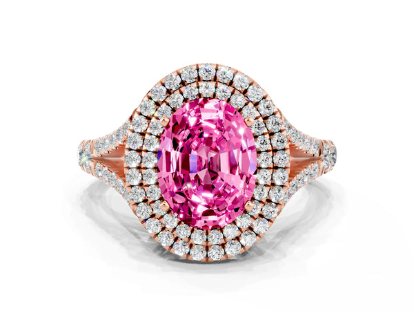 Rose gold Oval Cut Pink Sapphire Double Halo Ring with Split Shank and Prong Setting