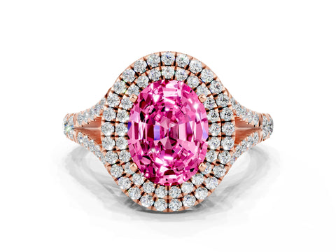 Rose gold Oval Cut Pink Sapphire Double Halo Ring with Split Shank and Prong Setting_12