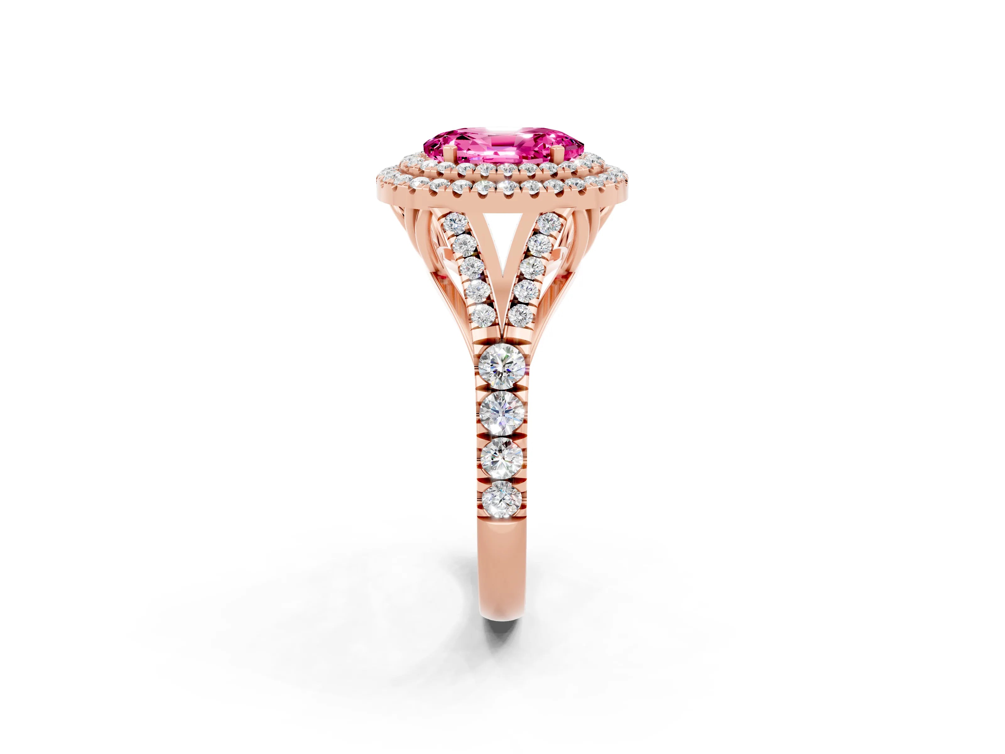 Rose gold Oval Cut Pink Sapphire Double Halo Ring with Split Shank and Prong Setting_14