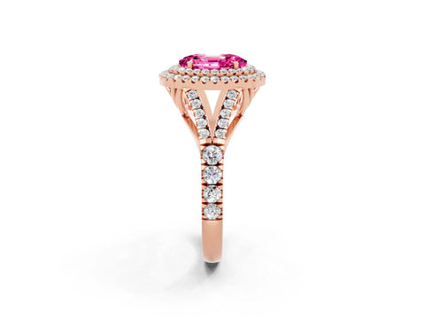 Rose gold Oval Cut Pink Sapphire Double Halo Ring with Split Shank and Prong Setting_14