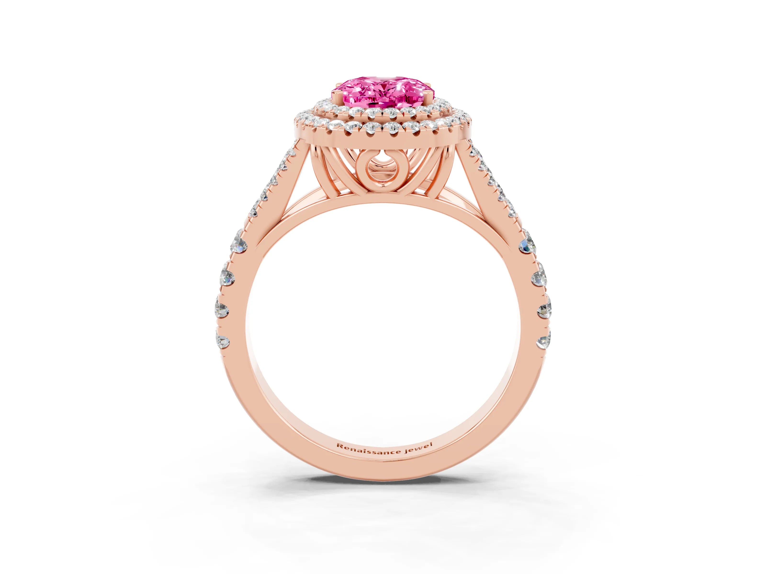 Rose gold Oval Cut Pink Sapphire Double Halo Ring with Split Shank and Prong Setting_15