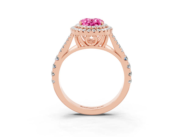 Rose gold Oval Cut Pink Sapphire Double Halo Ring with Split Shank and Prong Setting
