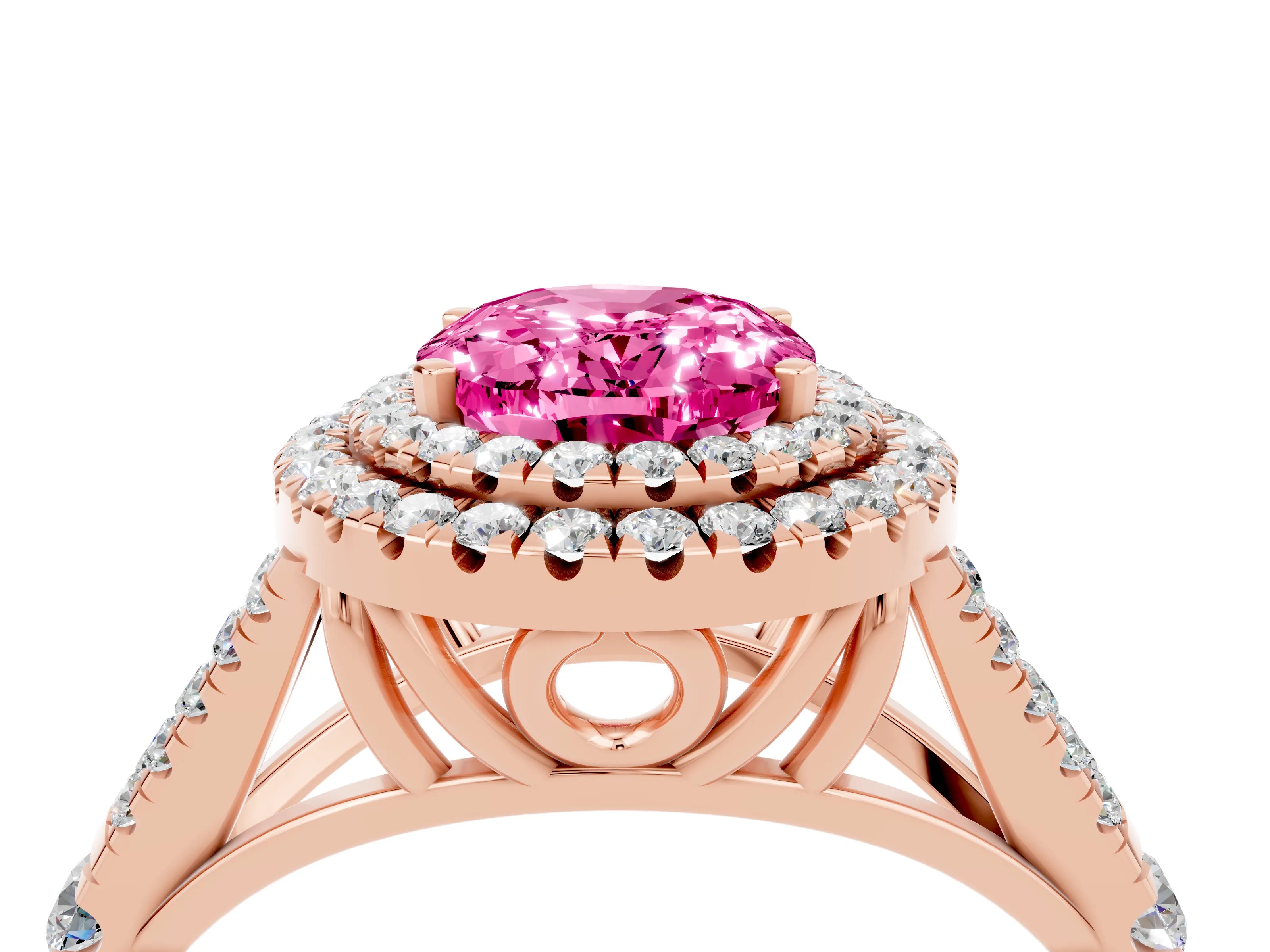 Rose gold Oval Cut Pink Sapphire Double Halo Ring with Split Shank and Prong Setting_16