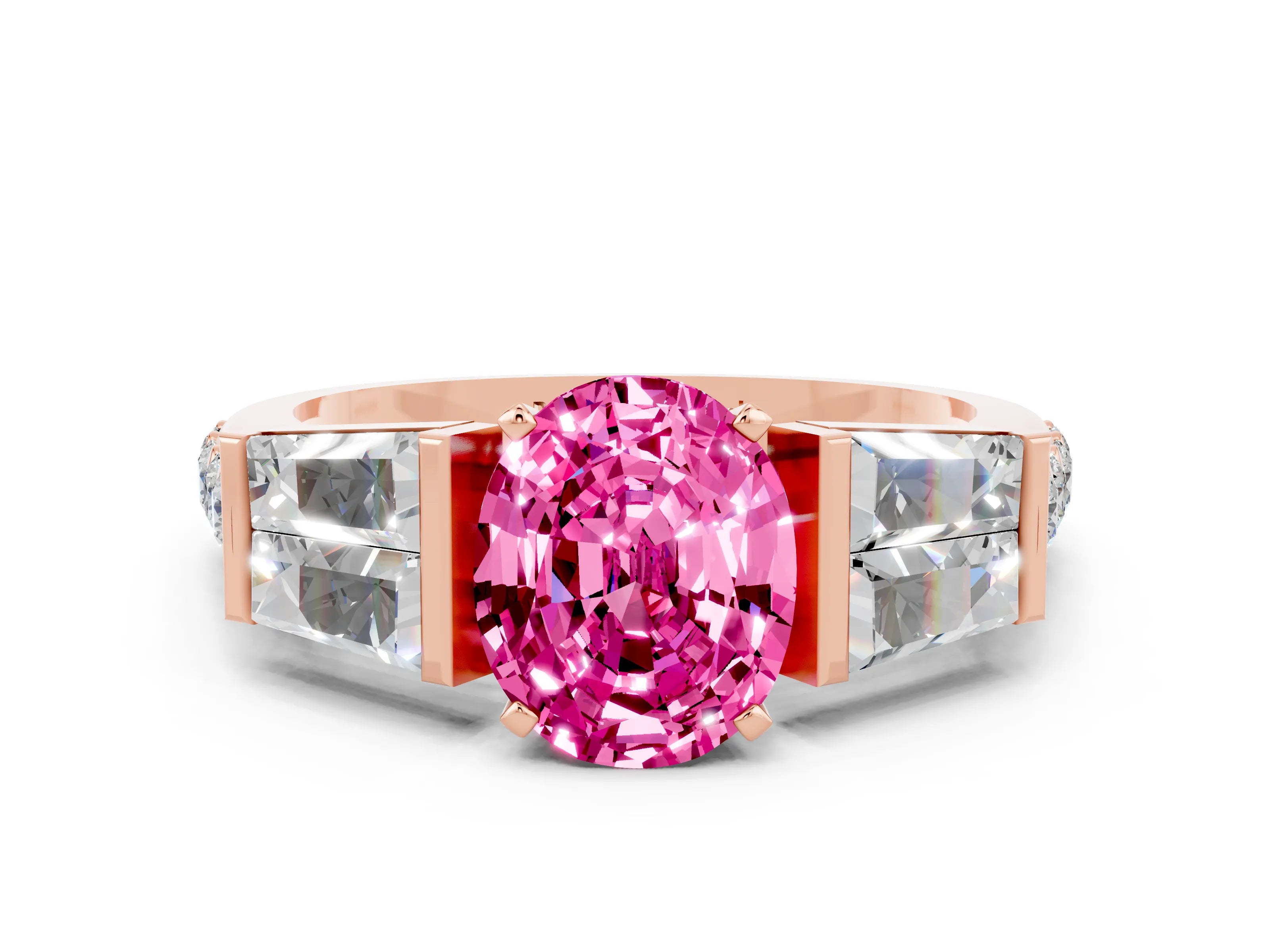 Rose gold Oval Cut Pink Sapphire Engagement Ring with Baguette Side Stones and Channel Set Band