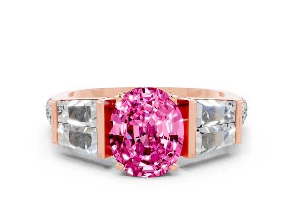 Rose gold Oval Cut Pink Sapphire Engagement Ring with Baguette Side Stones and Channel Set Band
