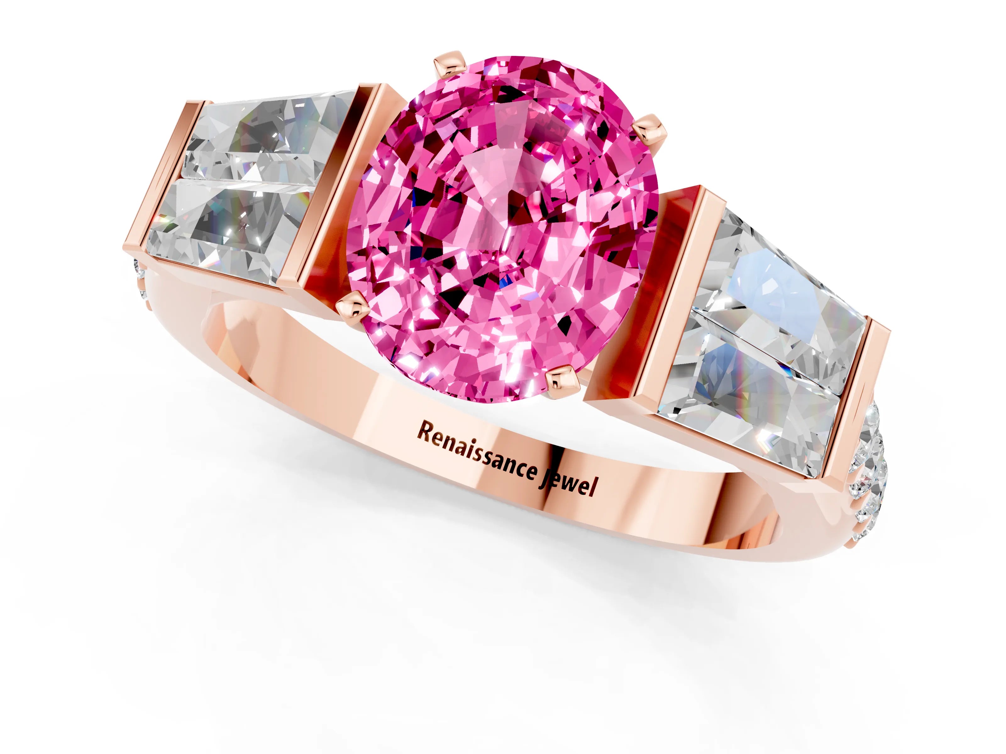 Rose gold Oval Cut Pink Sapphire Engagement Ring with Baguette Side Stones and Channel Set Band_1