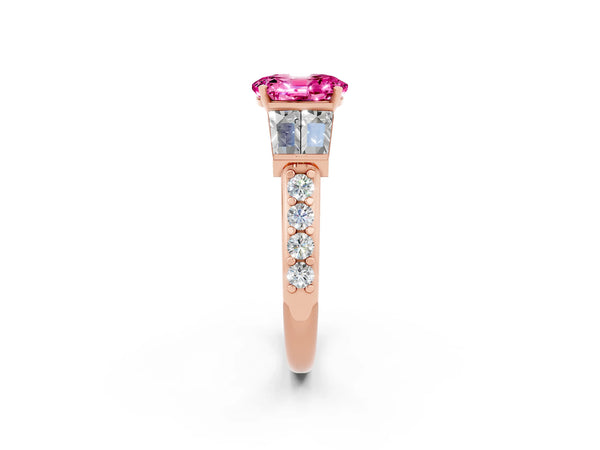 Rose gold Oval Cut Pink Sapphire Engagement Ring with Baguette Side Stones and Channel Set Band