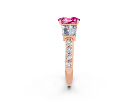 Rose gold Oval Cut Pink Sapphire Engagement Ring with Baguette Side Stones and Channel Set Band_2