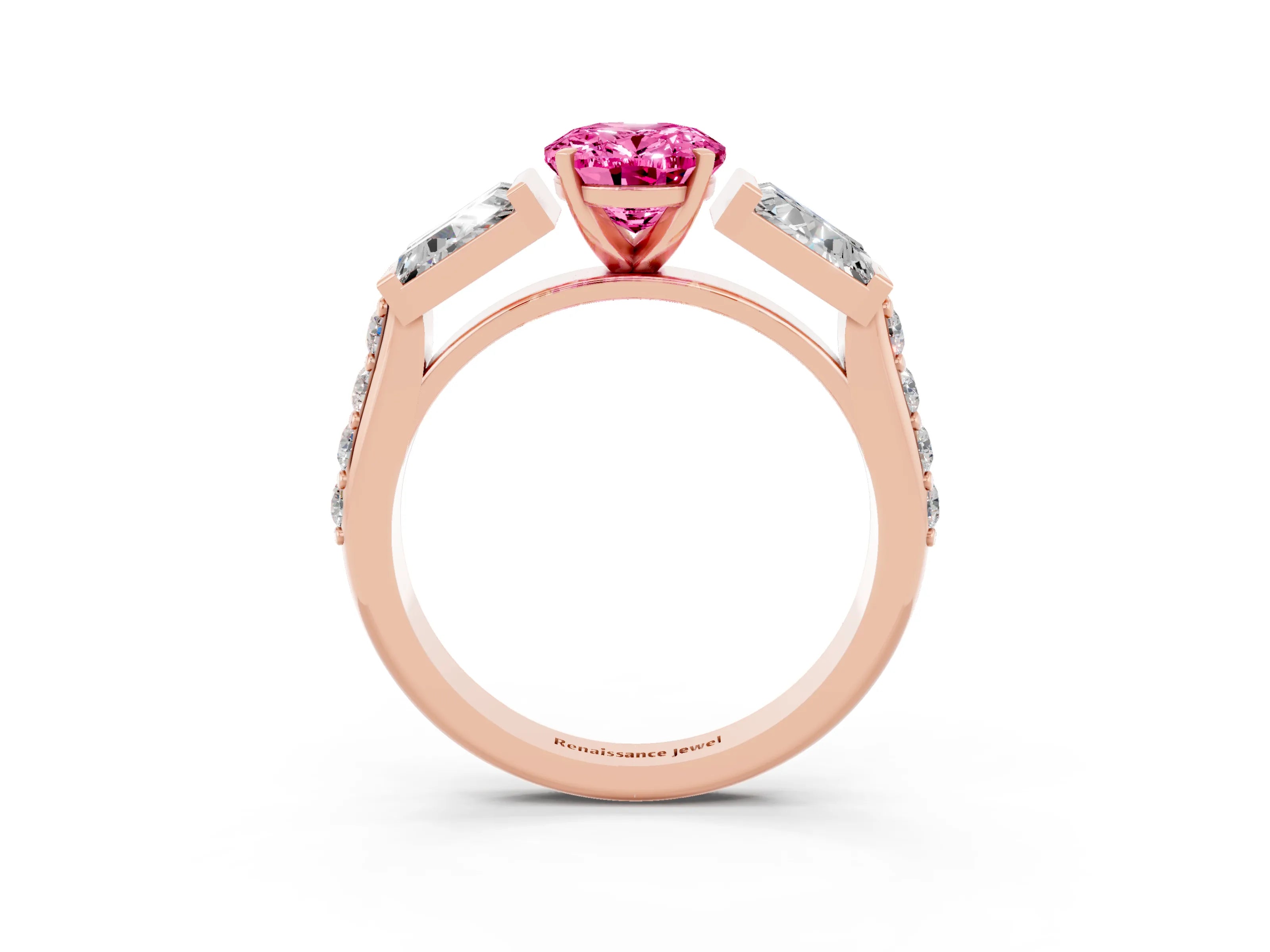 Rose gold Oval Cut Pink Sapphire Engagement Ring with Baguette Side Stones and Channel Set Band_3