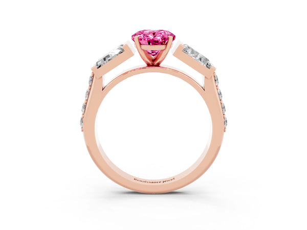 Rose gold Oval Cut Pink Sapphire Engagement Ring with Baguette Side Stones and Channel Set Band