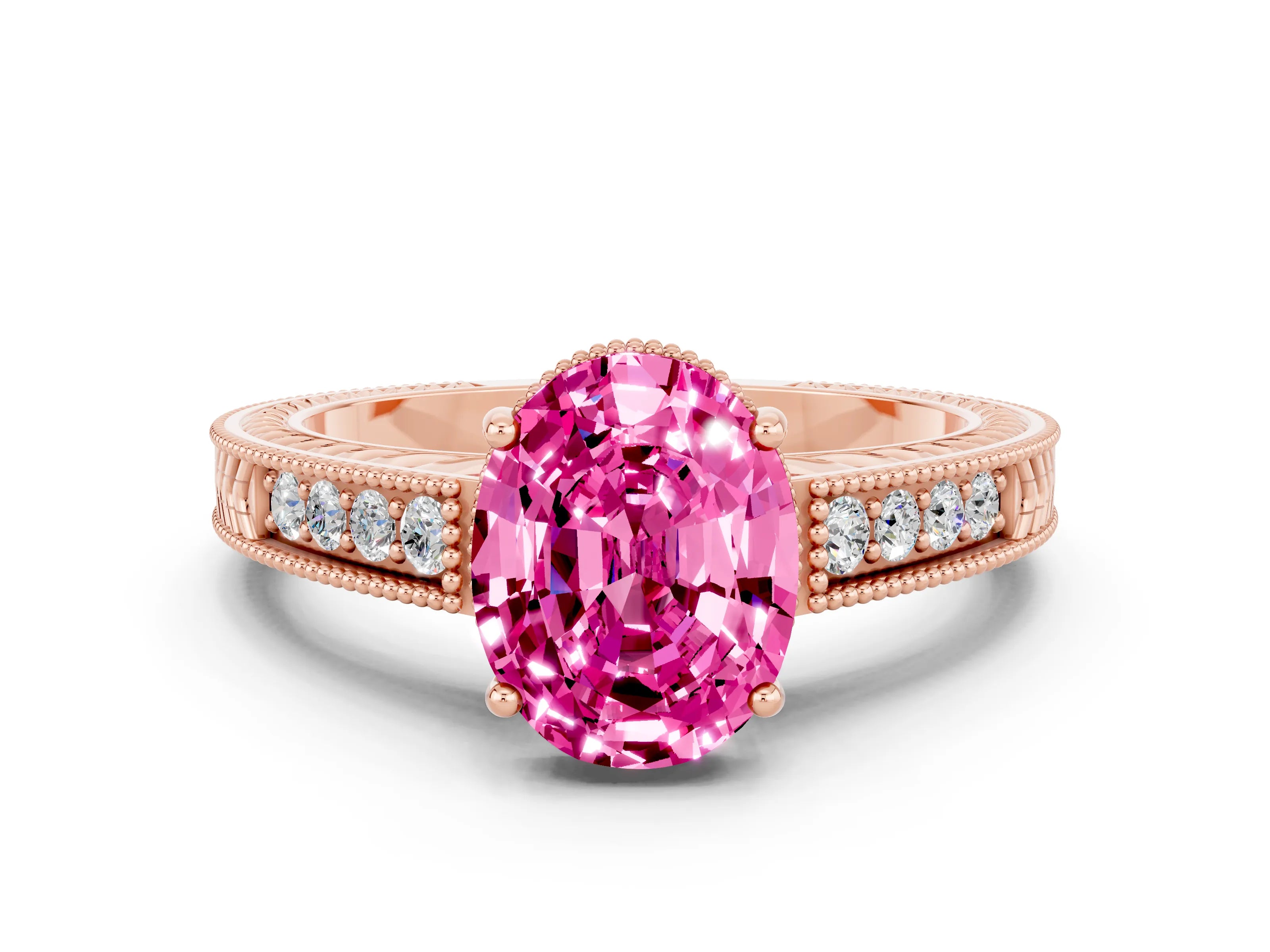 Rose gold Oval Cut Pink Sapphire Engagement Ring with Milgrain Channel Set Band and Prong Setting_24