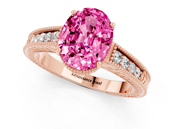 Rose gold Oval Cut Pink Sapphire Engagement Ring with Milgrain Channel Set Band and Prong Setting