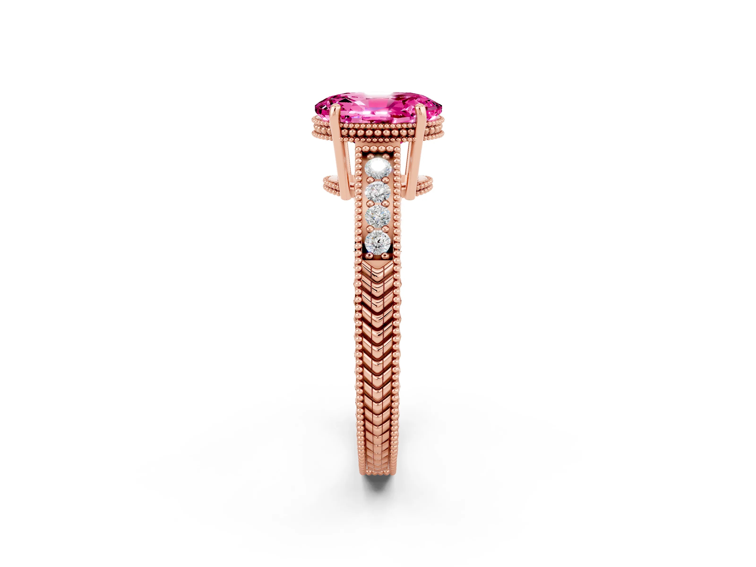 Rose gold Oval Cut Pink Sapphire Engagement Ring with Milgrain Channel Set Band and Prong Setting_26