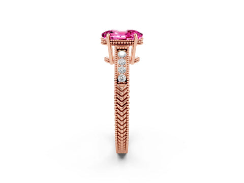 Rose gold Oval Cut Pink Sapphire Engagement Ring with Milgrain Channel Set Band and Prong Setting_26