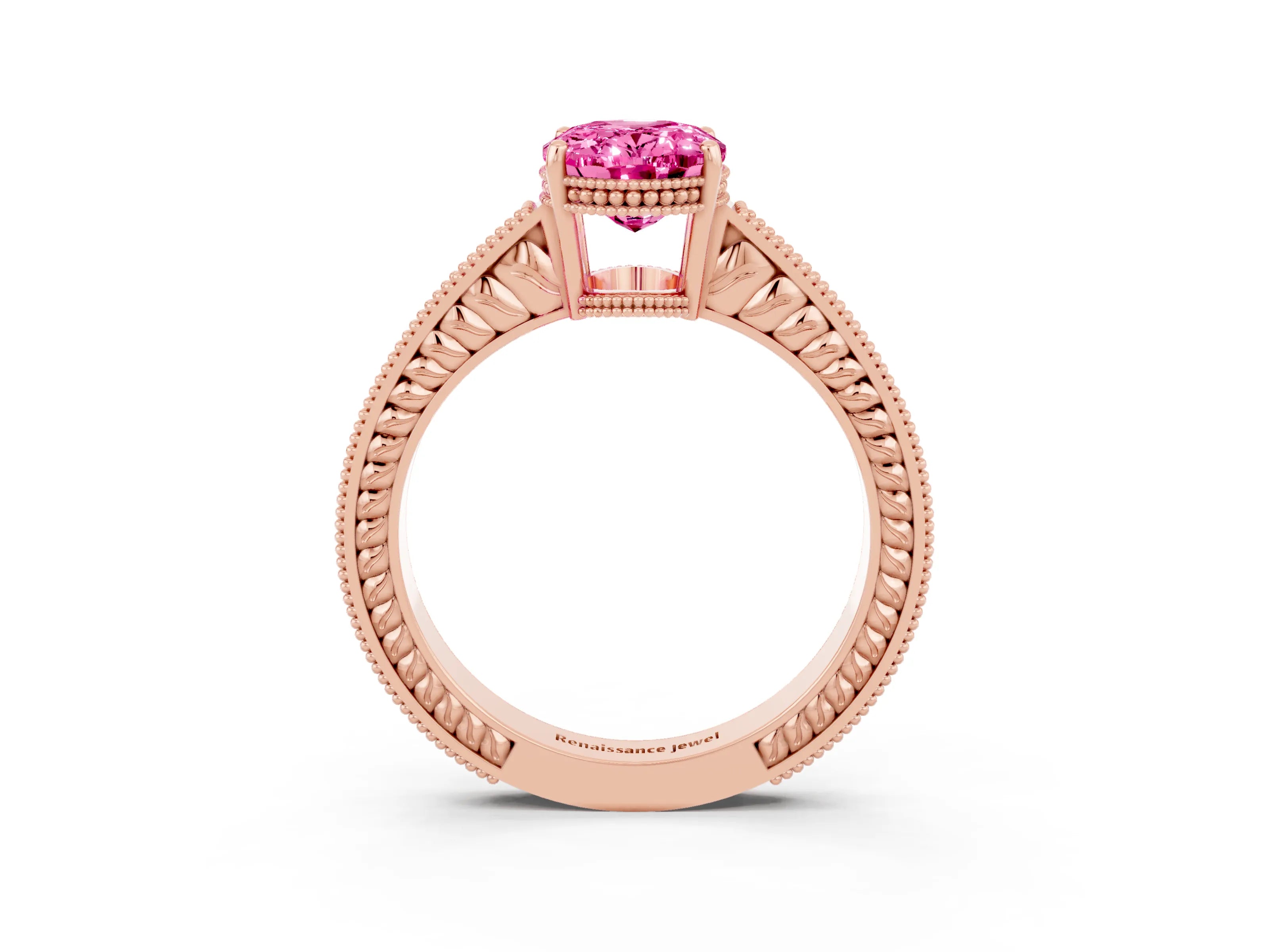 Rose gold Oval Cut Pink Sapphire Engagement Ring with Milgrain Channel Set Band and Prong Setting_27