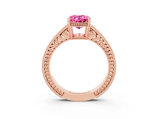 Rose gold Oval Cut Pink Sapphire Engagement Ring with Milgrain Channel Set Band and Prong Setting