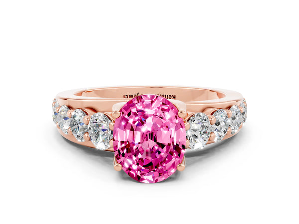 Rose gold Oval Cut Pink Sapphire Engagement Ring with Pavé Band and Four-Prong Setting