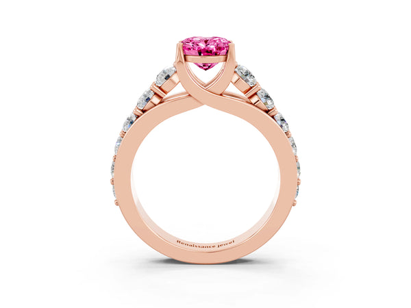Rose gold Oval Cut Pink Sapphire Engagement Ring with Pavé Band and Four-Prong Setting