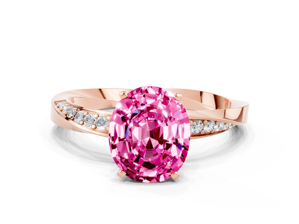 Rose gold Oval Cut Pink Sapphire Engagement Ring with Side Stone Accents and Four-Prong Setting