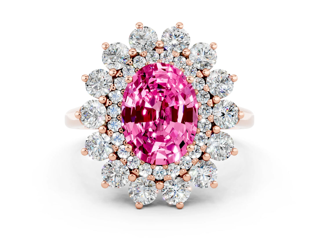 Rose gold Oval Cut Pink Sapphire Floral Double Halo Engagement Ring with Prong Setting_48