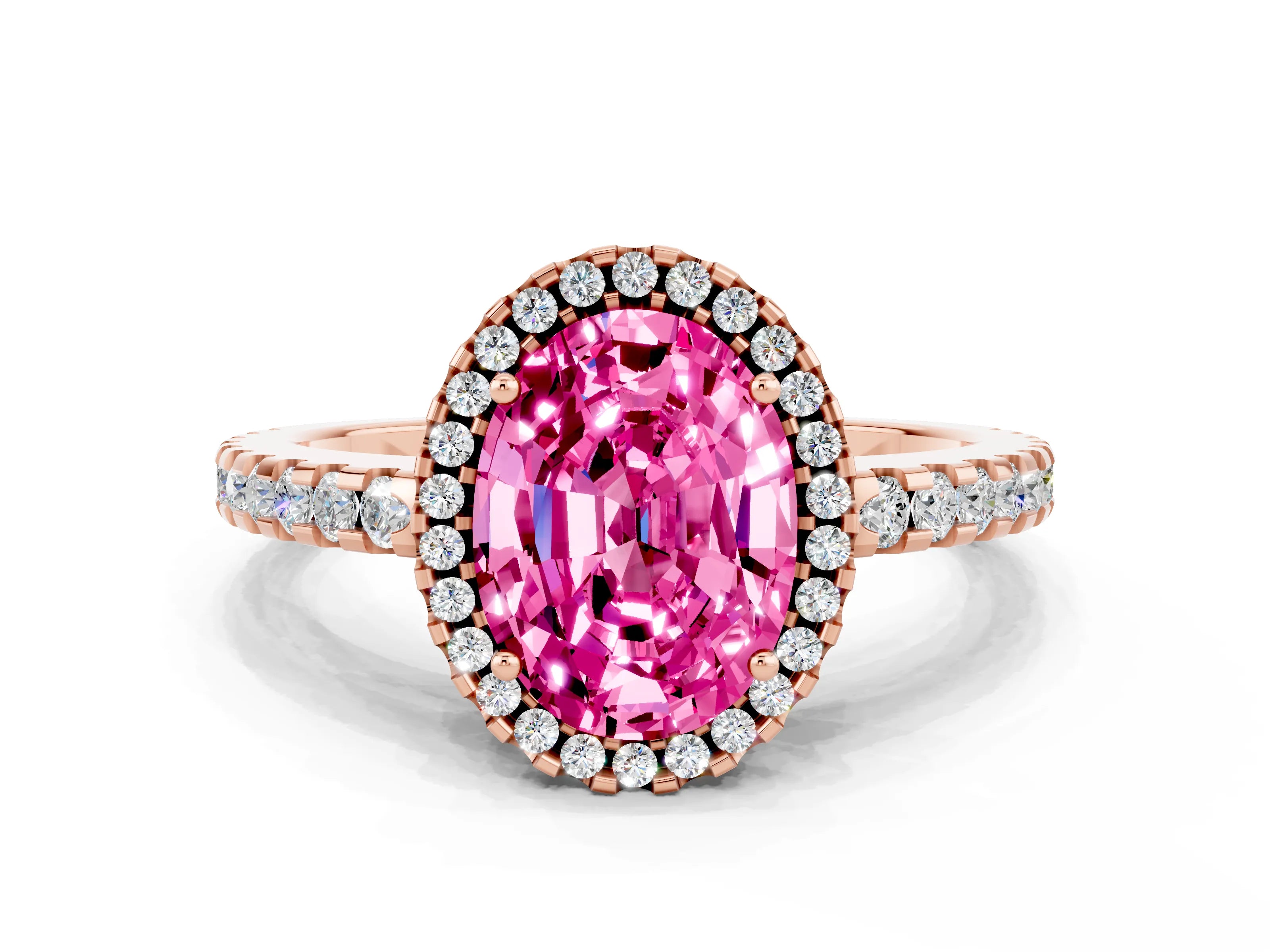 Rose gold Oval Cut Pink Sapphire Halo Engagement Ring with Pavé Band and Prong Setting_12