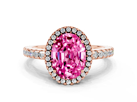 Rose gold Oval Cut Pink Sapphire Halo Engagement Ring with Pavé Band and Prong Setting_12