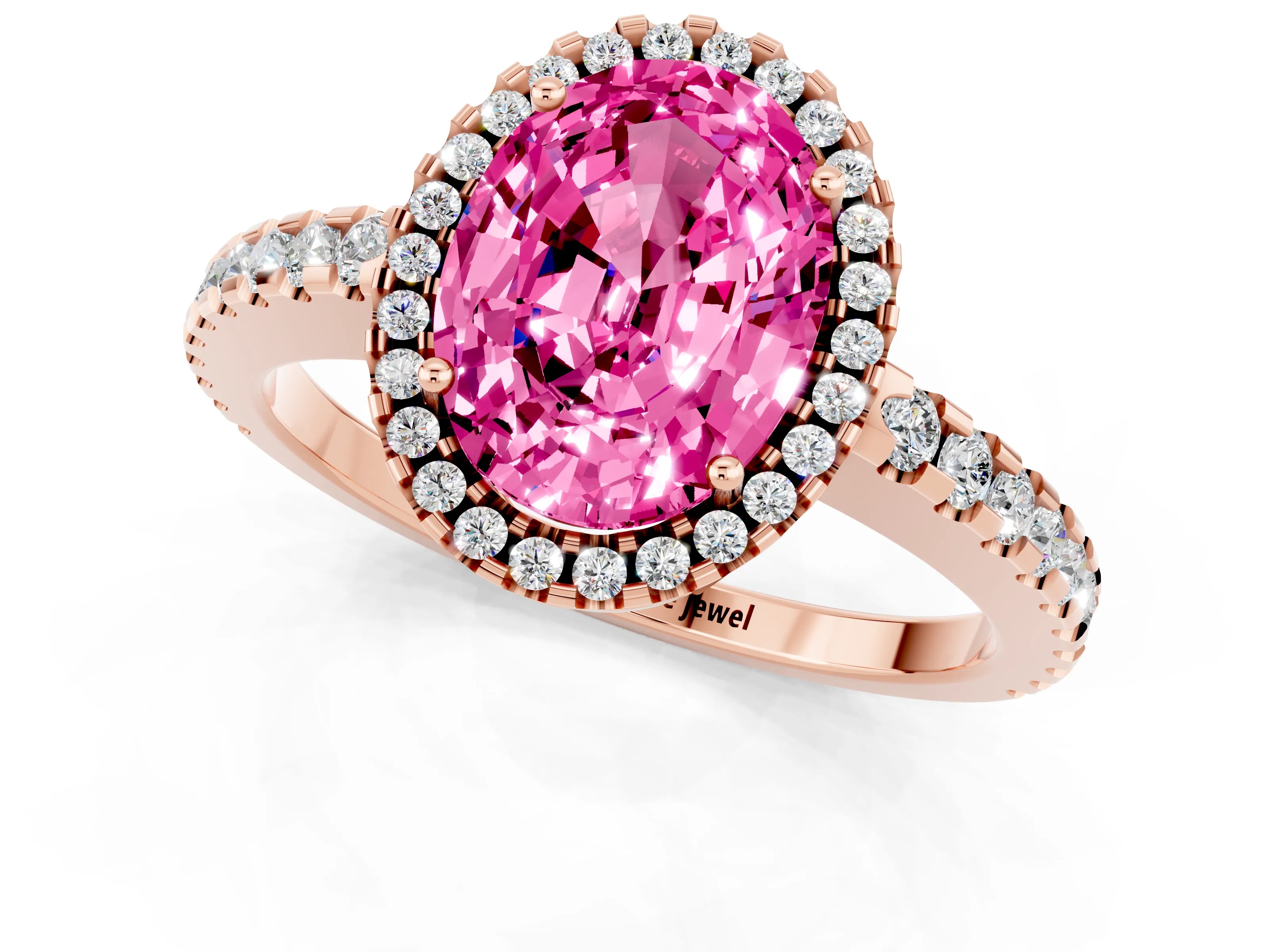 Rose gold Oval Cut Pink Sapphire Halo Engagement Ring with Pavé Band and Prong Setting_13