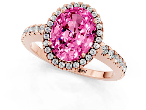 Rose gold Oval Cut Pink Sapphire Halo Engagement Ring with Pavé Band and Prong Setting_13