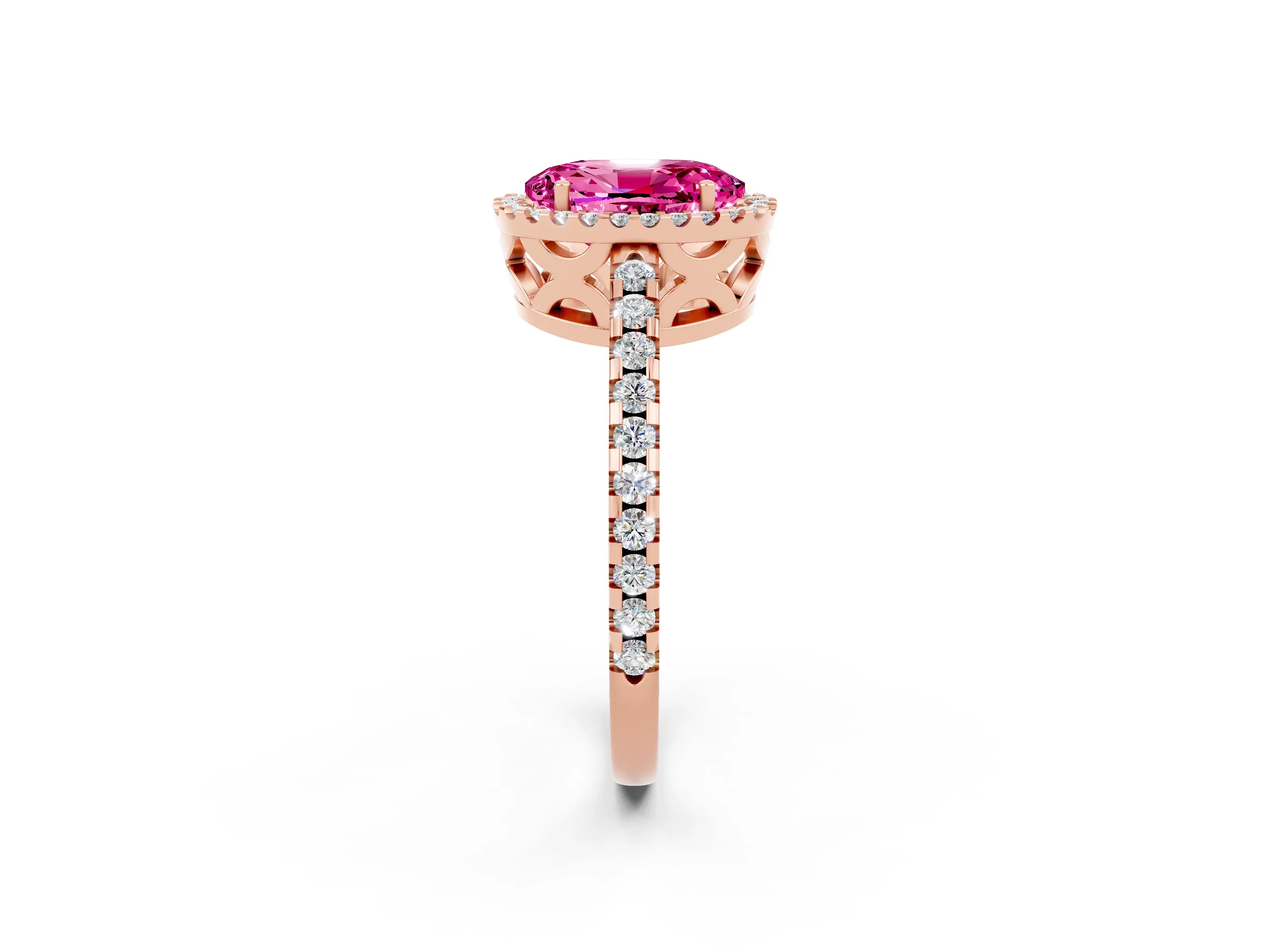 Rose gold Oval Cut Pink Sapphire Halo Engagement Ring with Pavé Band and Prong Setting_14