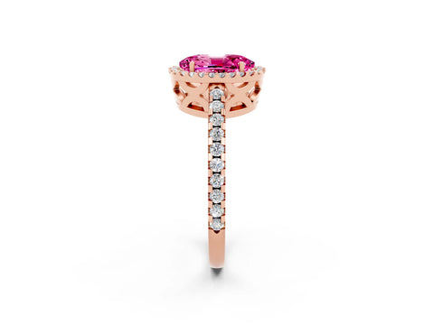 Rose gold Oval Cut Pink Sapphire Halo Engagement Ring with Pavé Band and Prong Setting_14