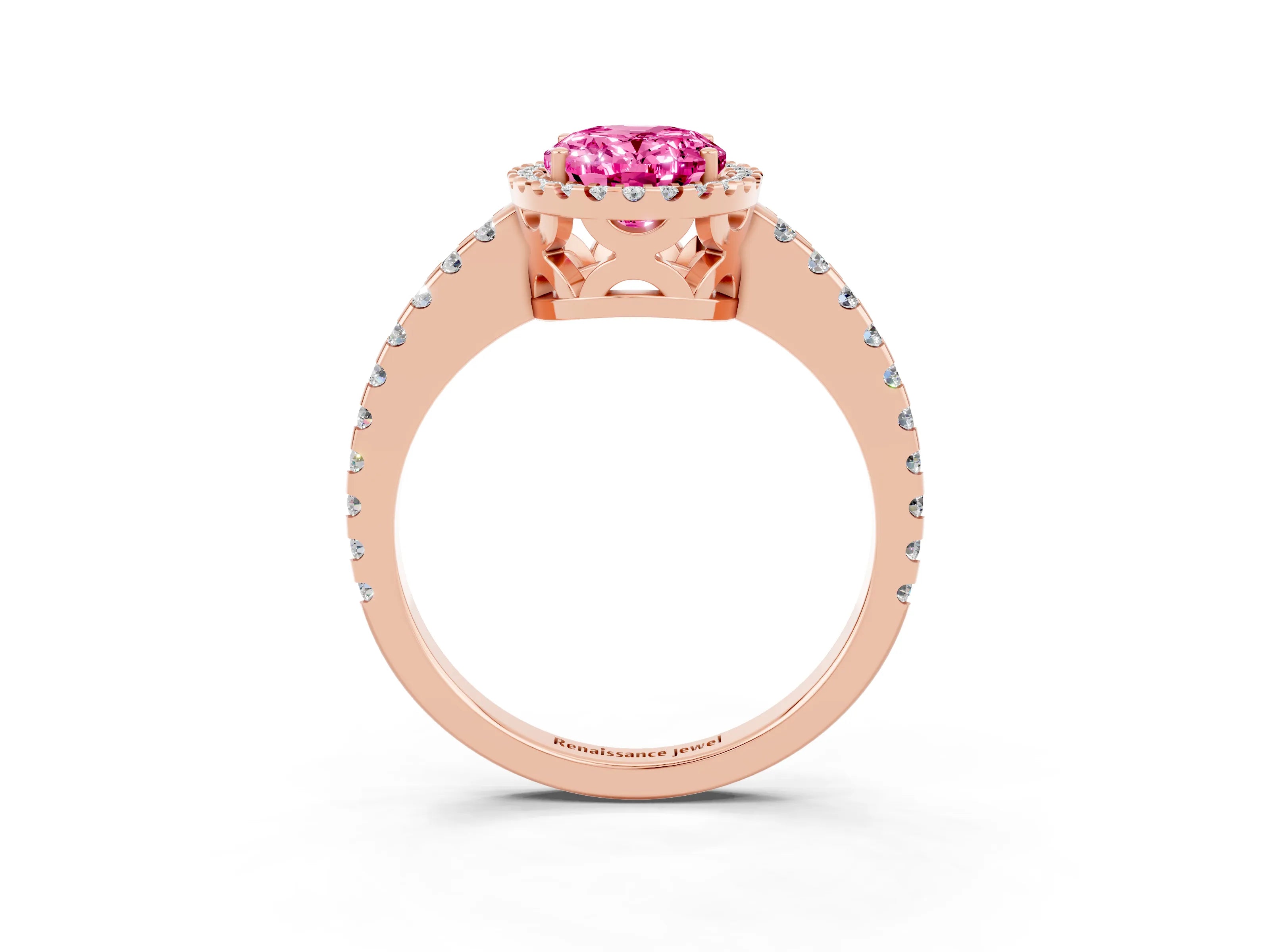 Rose gold Oval Cut Pink Sapphire Halo Engagement Ring with Pavé Band and Prong Setting_15