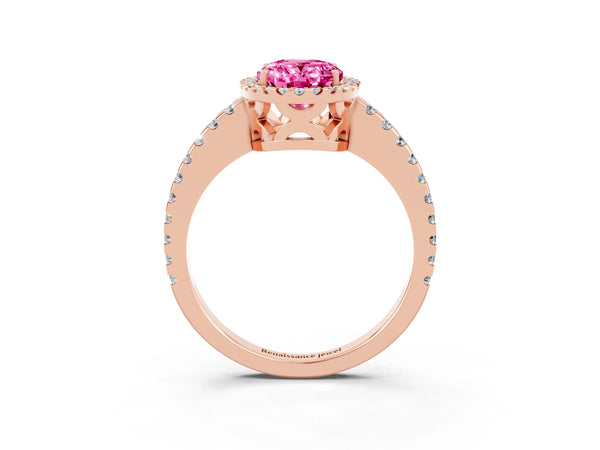 Rose gold Oval Cut Pink Sapphire Halo Engagement Ring with Pavé Band and Prong Setting