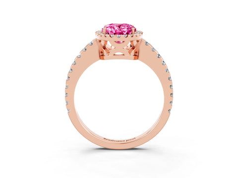 Rose gold Oval Cut Pink Sapphire Halo Engagement Ring with Pavé Band and Prong Setting_15