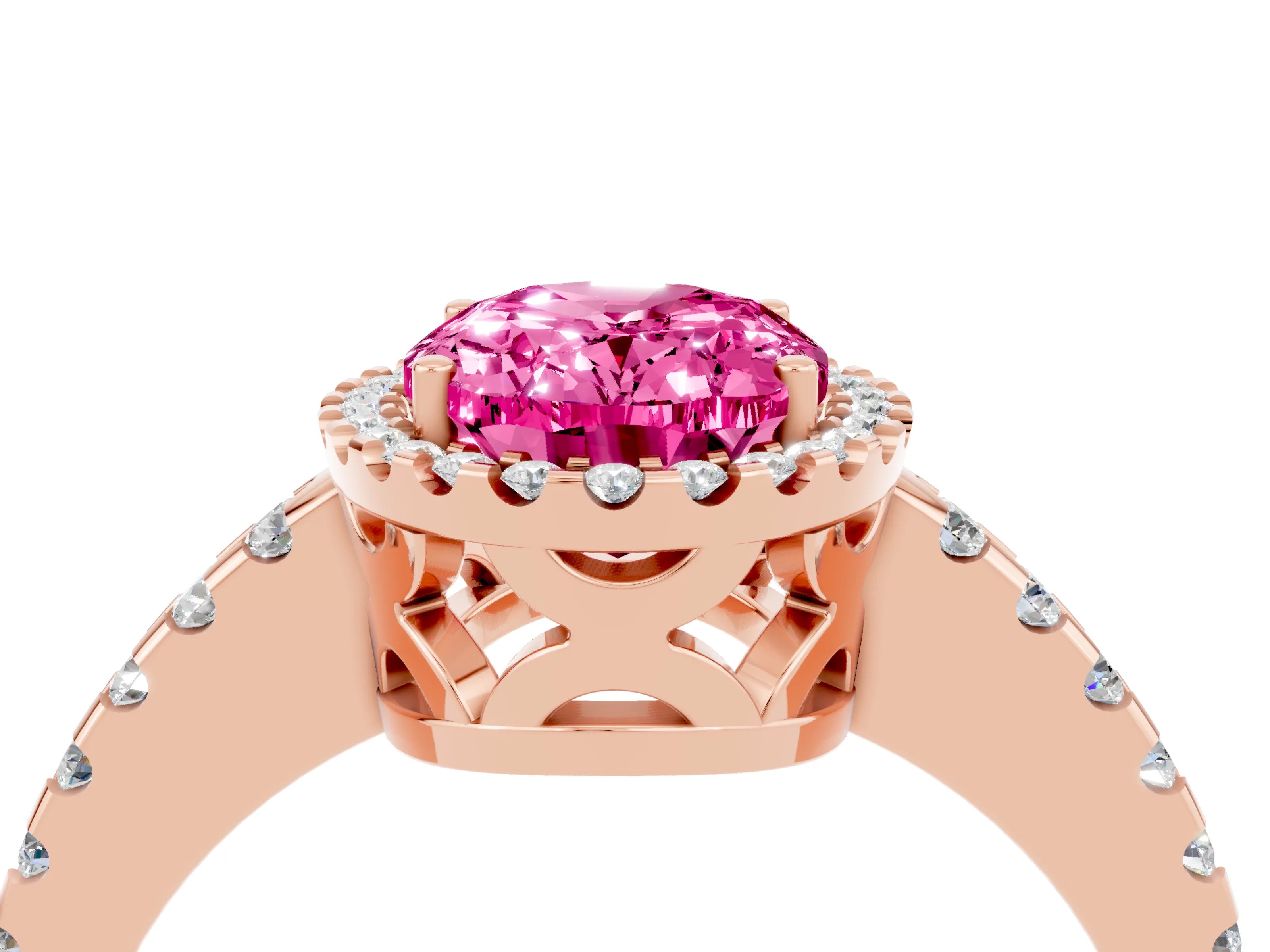Rose gold Oval Cut Pink Sapphire Halo Engagement Ring with Pavé Band and Prong Setting_16