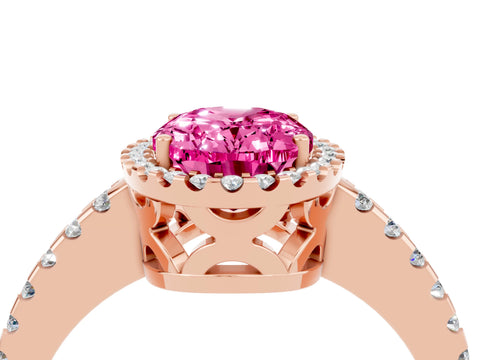 Rose gold Oval Cut Pink Sapphire Halo Engagement Ring with Pavé Band and Prong Setting_16