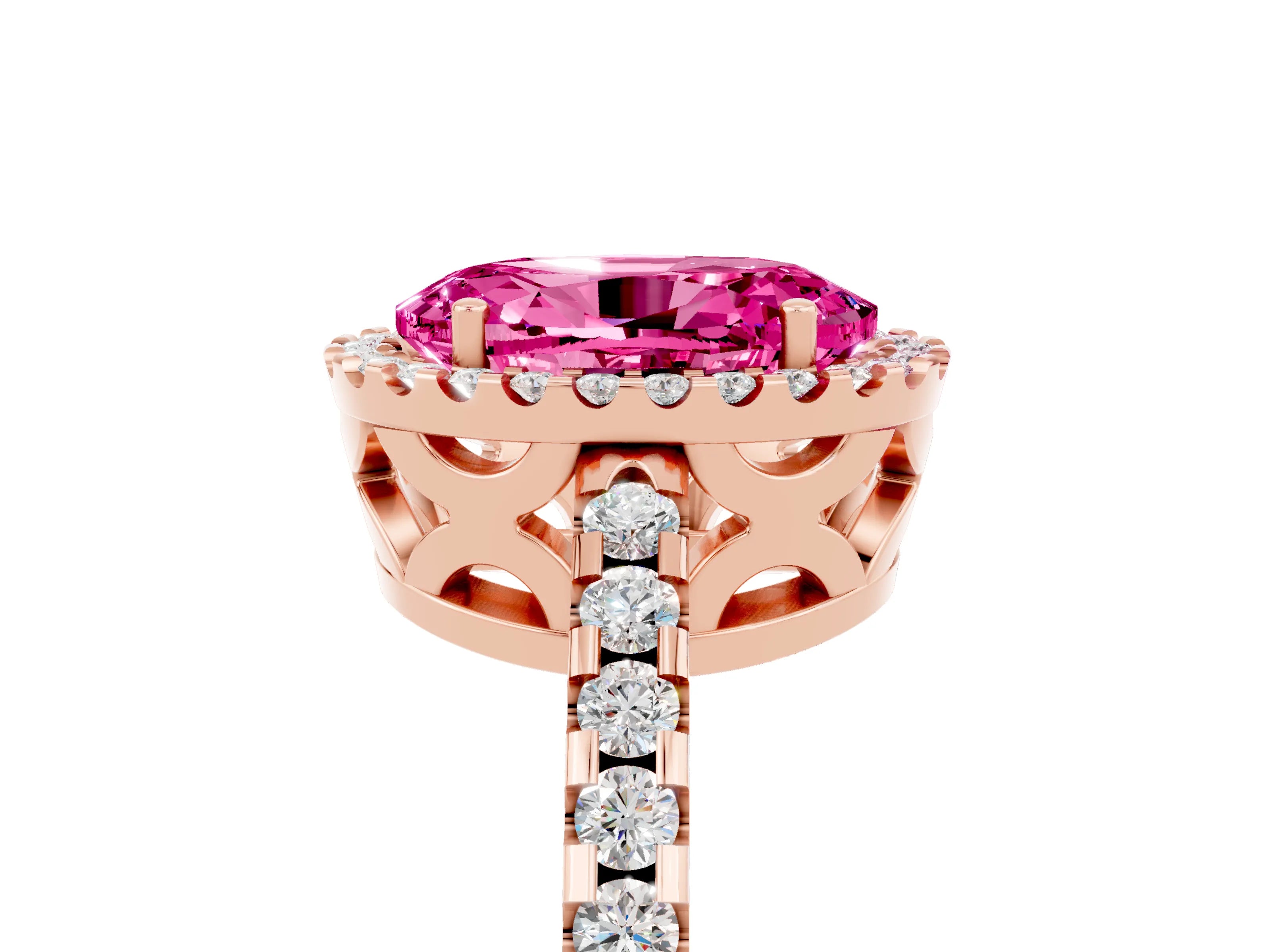 Rose gold Oval Cut Pink Sapphire Halo Engagement Ring with Pavé Band and Prong Setting_17