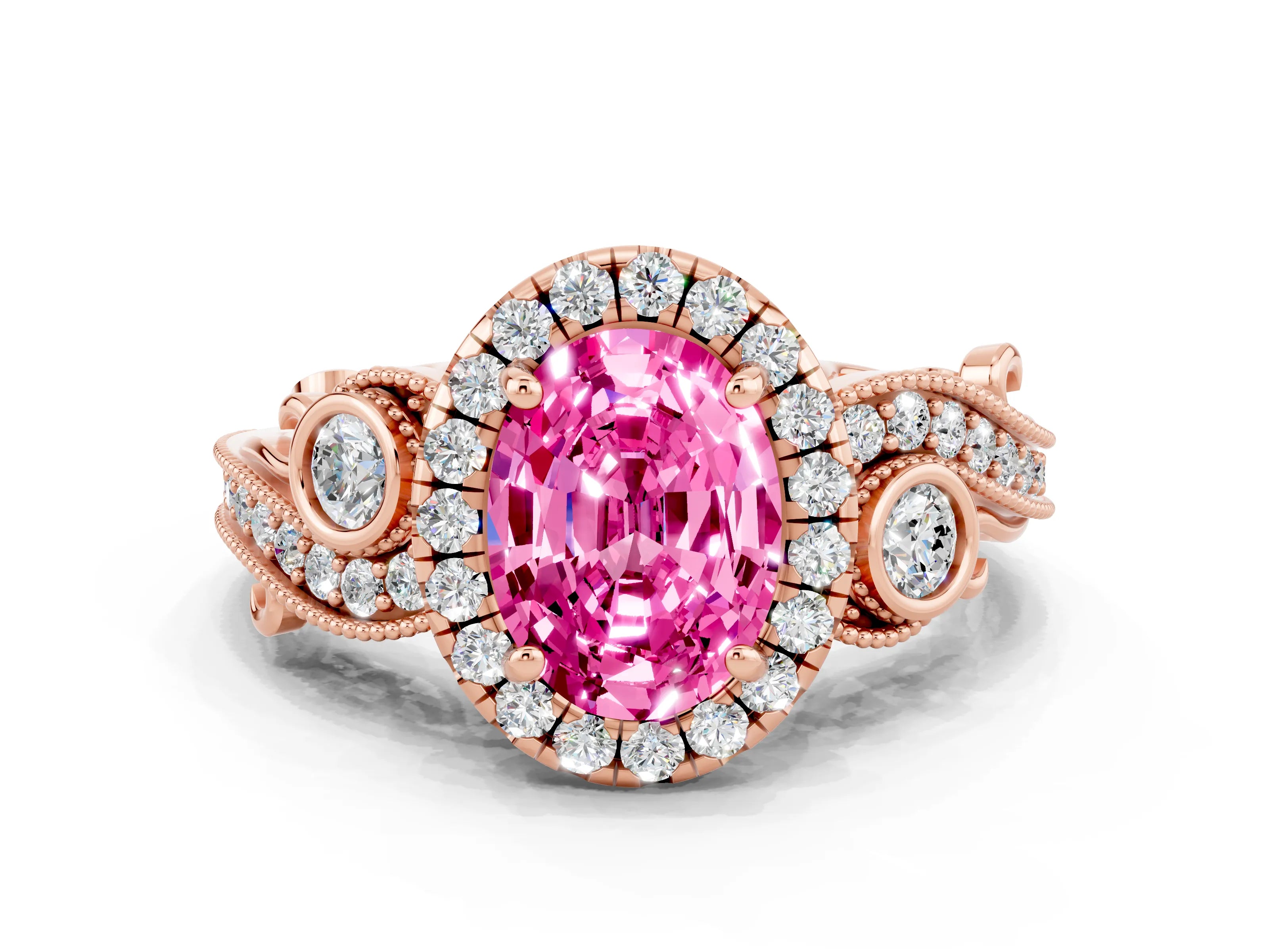 Rose gold Oval Cut Pink Sapphire Halo Ring with Milgrain Pavé Band and Four-Prong Setting_12