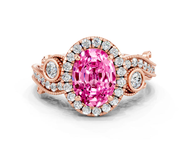 Rose gold Oval Cut Pink Sapphire Halo Ring with Milgrain Pavé Band and Four-Prong Setting