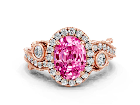 Rose gold Oval Cut Pink Sapphire Halo Ring with Milgrain Pavé Band and Four-Prong Setting_12