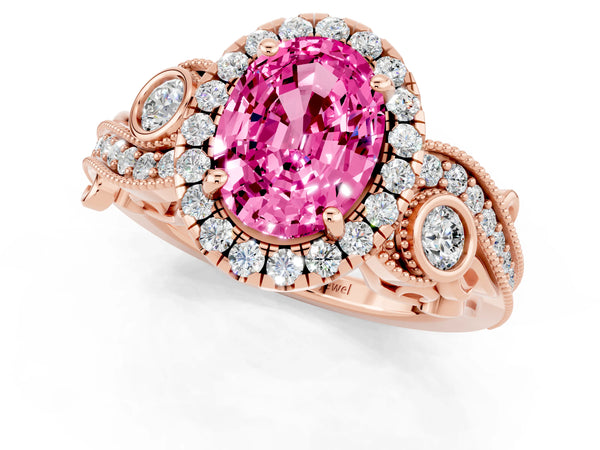 Rose gold Oval Cut Pink Sapphire Halo Ring with Milgrain Pavé Band and Four-Prong Setting