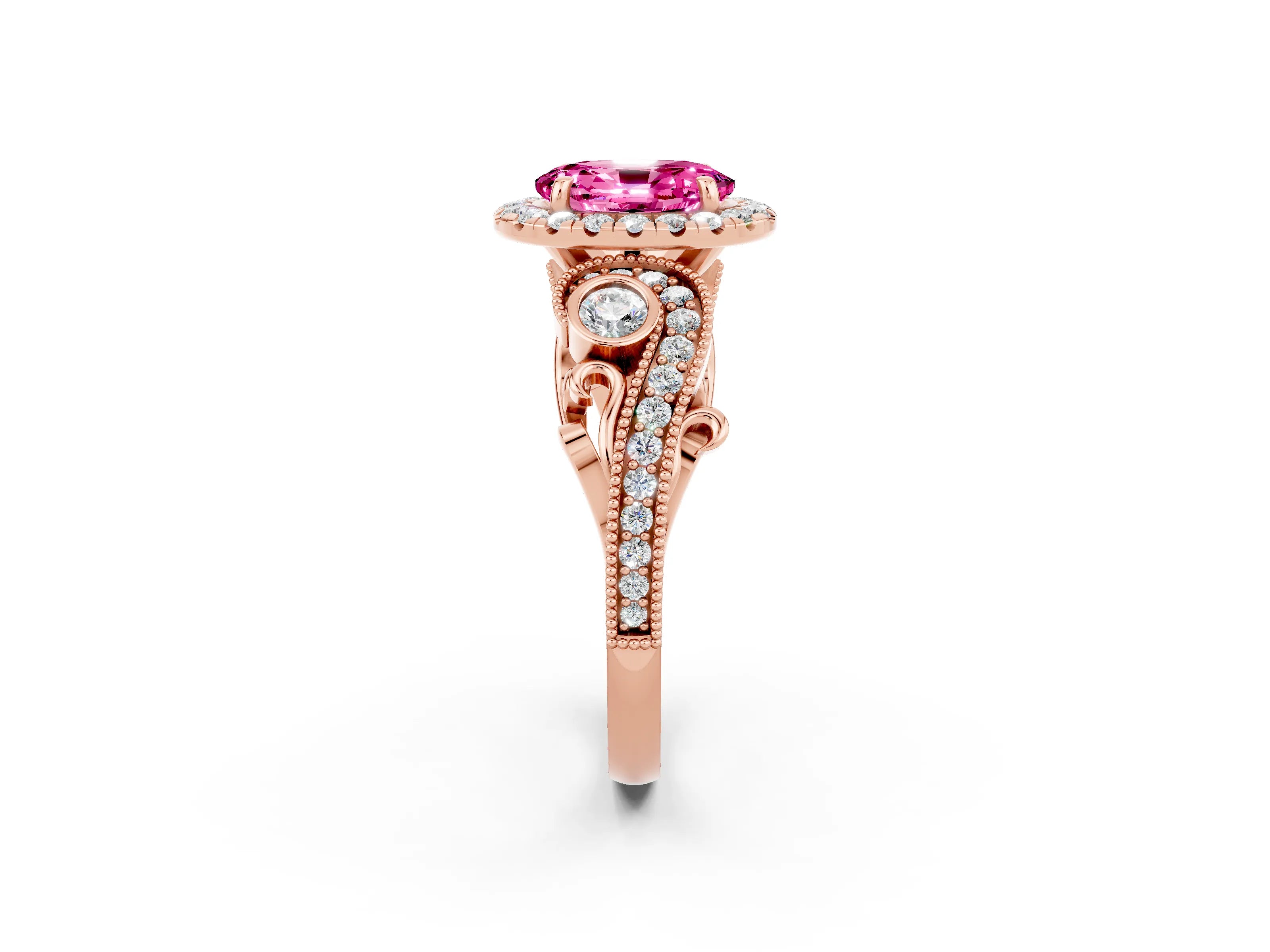 Rose gold Oval Cut Pink Sapphire Halo Ring with Milgrain Pavé Band and Four-Prong Setting_14