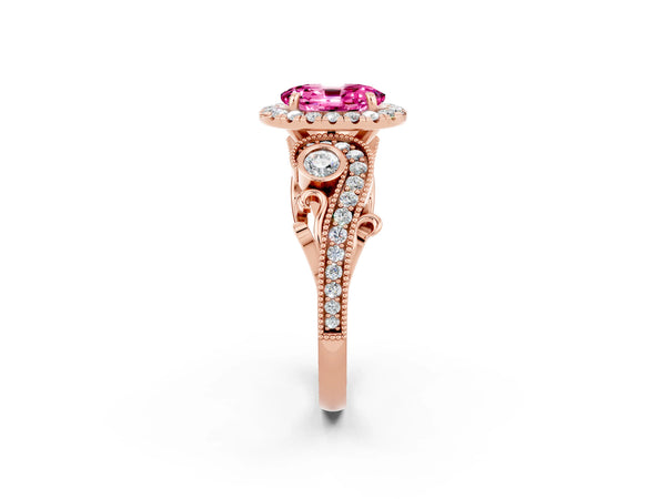 Rose gold Oval Cut Pink Sapphire Halo Ring with Milgrain Pavé Band and Four-Prong Setting