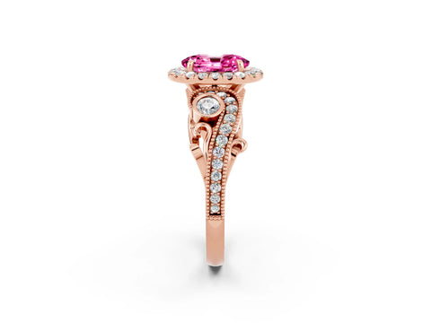 Rose gold Oval Cut Pink Sapphire Halo Ring with Milgrain Pavé Band and Four-Prong Setting_14