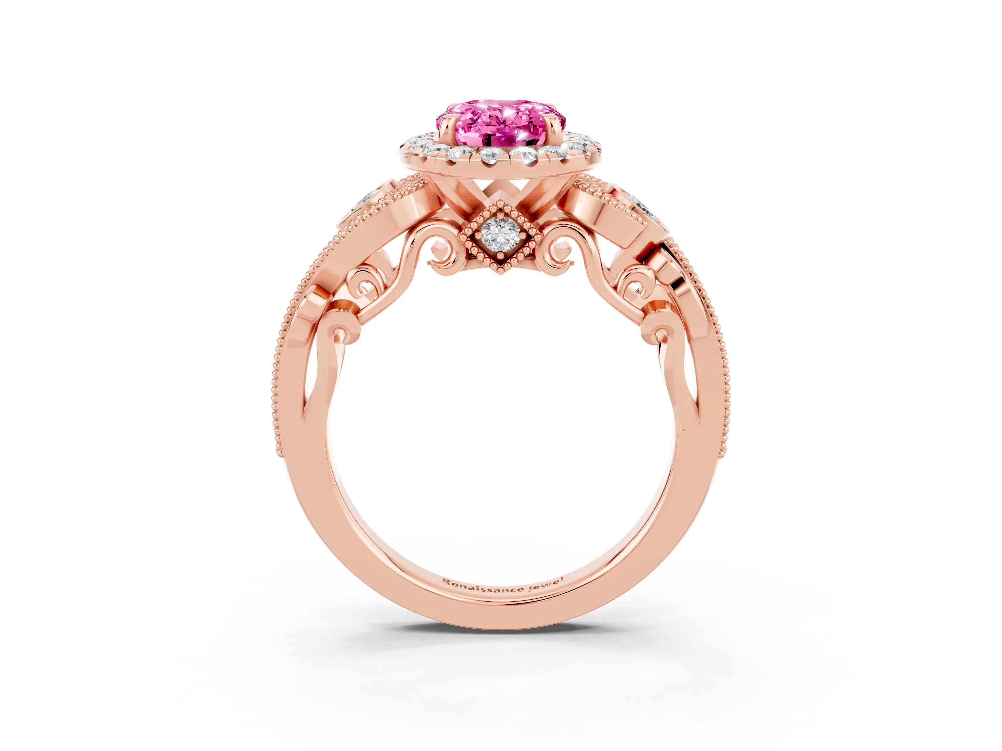Rose gold Oval Cut Pink Sapphire Halo Ring with Milgrain Pavé Band and Four-Prong Setting_15