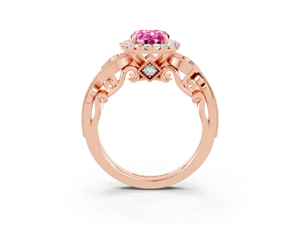 Rose gold Oval Cut Pink Sapphire Halo Ring with Milgrain Pavé Band and Four-Prong Setting