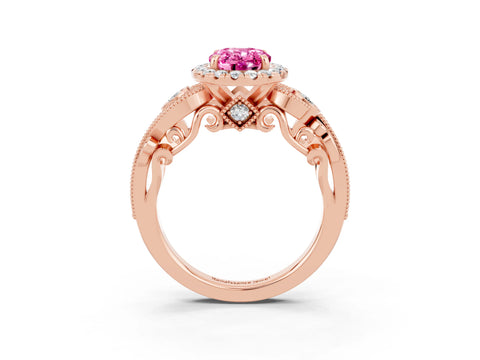 Rose gold Oval Cut Pink Sapphire Halo Ring with Milgrain Pavé Band and Four-Prong Setting_15