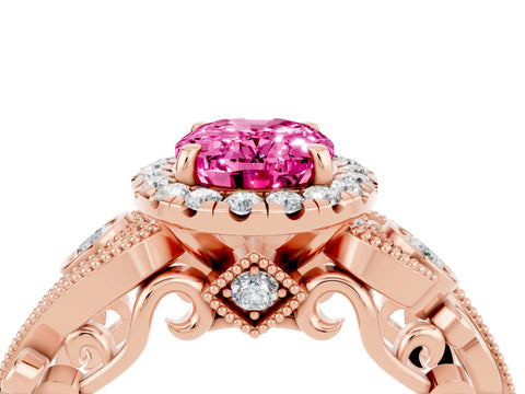 Rose gold Oval Cut Pink Sapphire Halo Ring with Milgrain Pavé Band and Four-Prong Setting_16