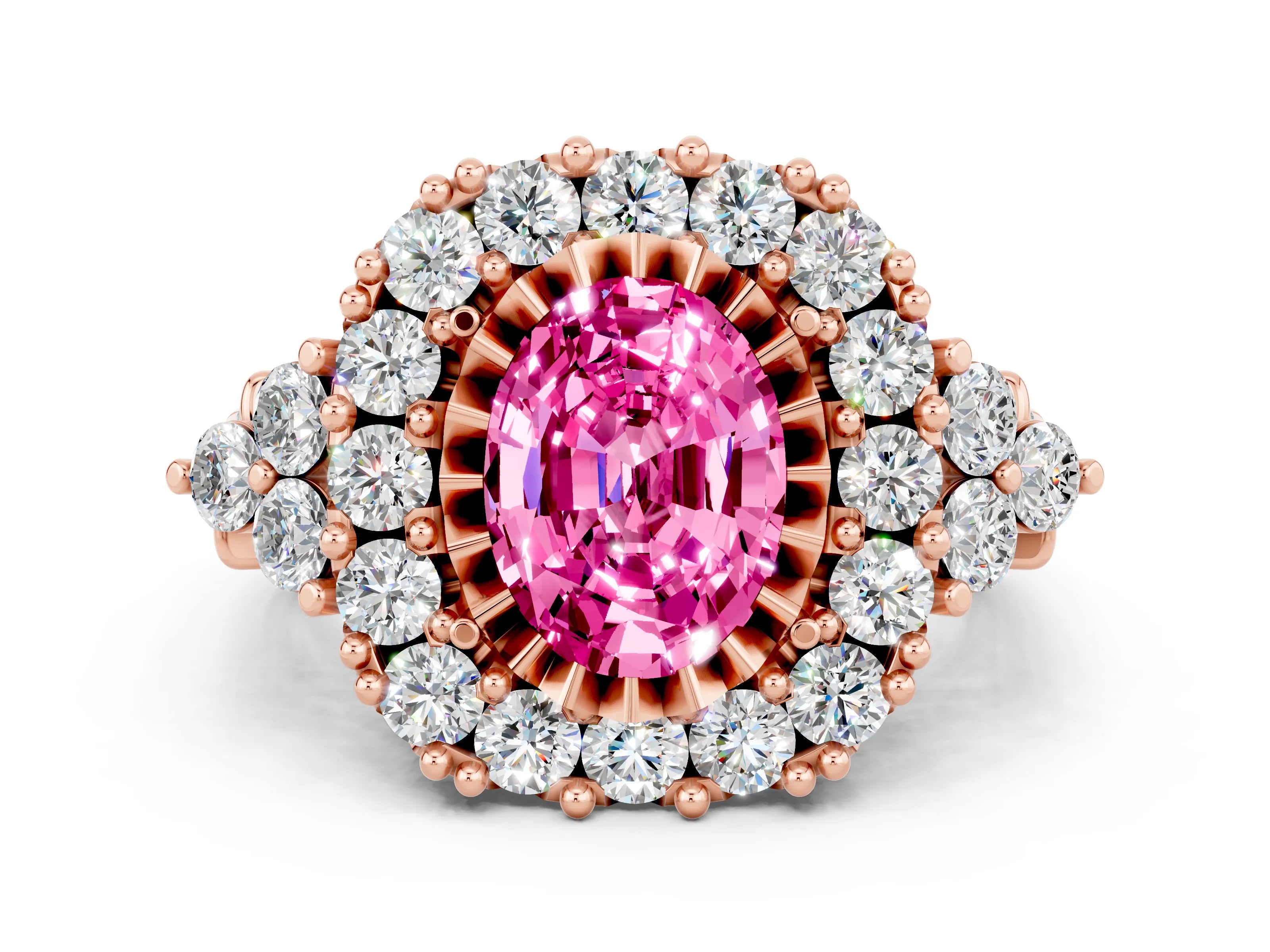 Rose gold Oval Cut Pink Sapphire Halo Ring with Pavé Band and Four-Prong Setting_12
