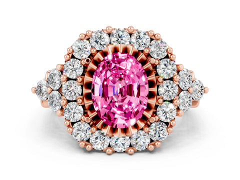Rose gold Oval Cut Pink Sapphire Halo Ring with Pavé Band and Four-Prong Setting_12